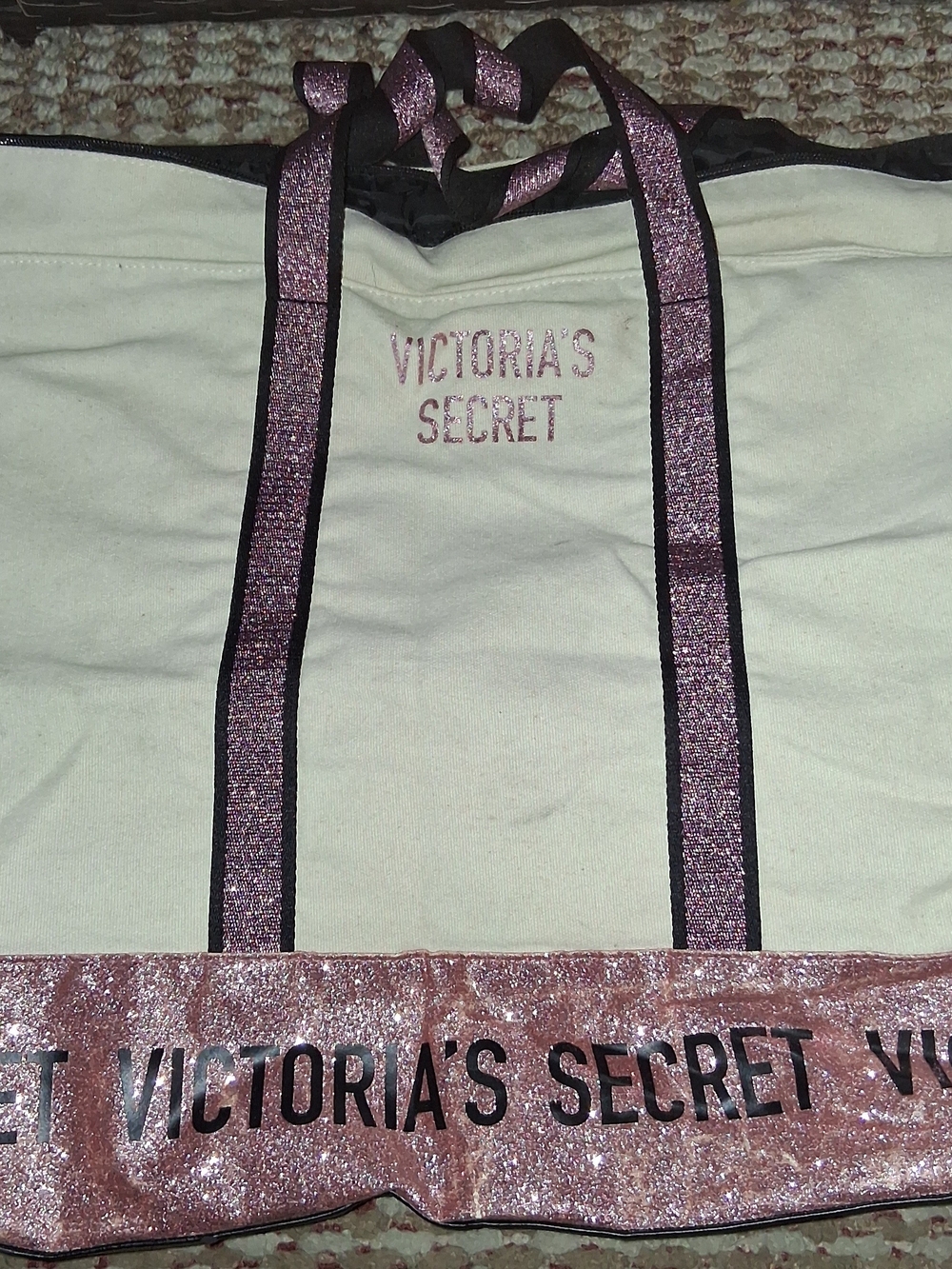 Victoria's Secret Cream Tote with Pink Glitter Trim